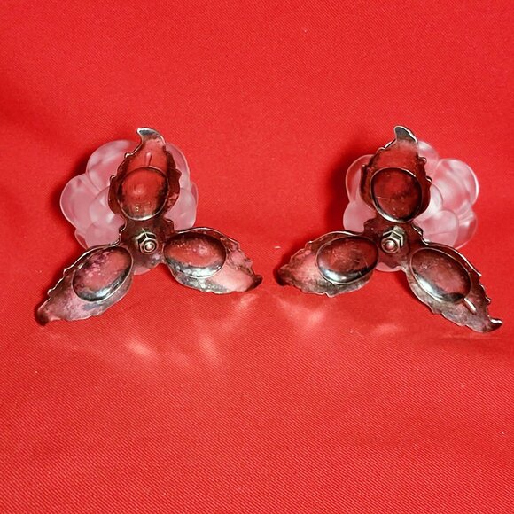 Vintage Pair PM Italy Frosted Glass Rose Silver Plate Leaves Candle Holder - Picture 6 of 13